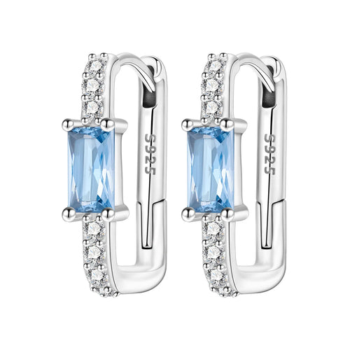 925 Sterling Silver Minimalist Blue Zircon Hoop Earrings Anniversary Gift