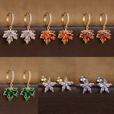 2pcs Vintage Crystal Zircon Maple Leaf Earrings Women Hoop Piercing
