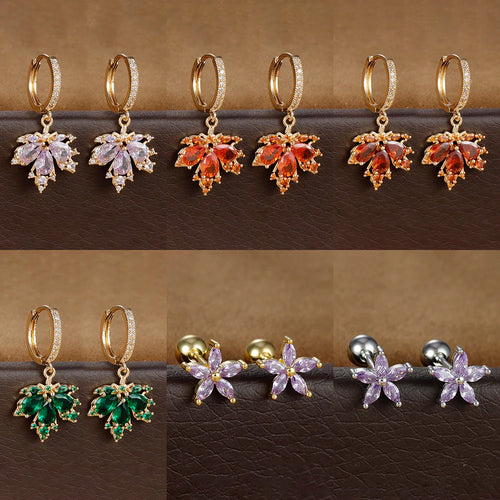 2pcs Vintage Crystal Zircon Maple Leaf Earrings Women Hoop Piercing