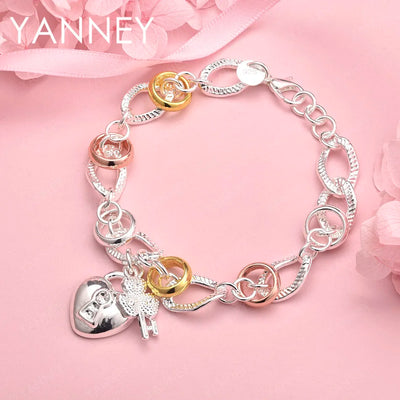 925 Sterling Silver 8-inch Heart Four-Leaf Clover Bracelet Women Party Gift