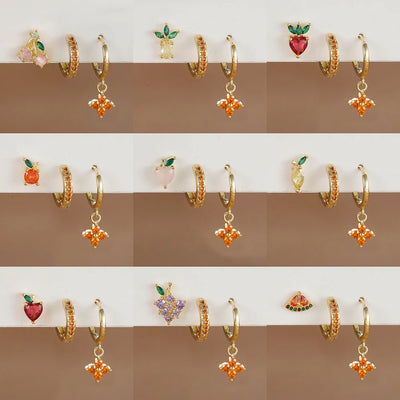 3PCS Stainless Steel Orange Zirconia Flower Pendant Hanging Earrings Set