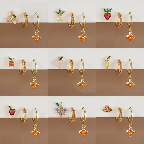 3PCS Stainless Steel Orange Zirconia Flower Pendant Hanging Earrings Set