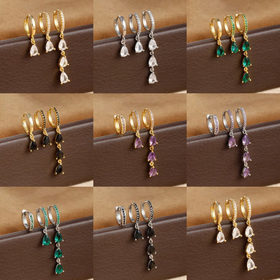 3PCS Stainless Steel Water Drop Hoop Earrings 18K Gold Plated Zirconia