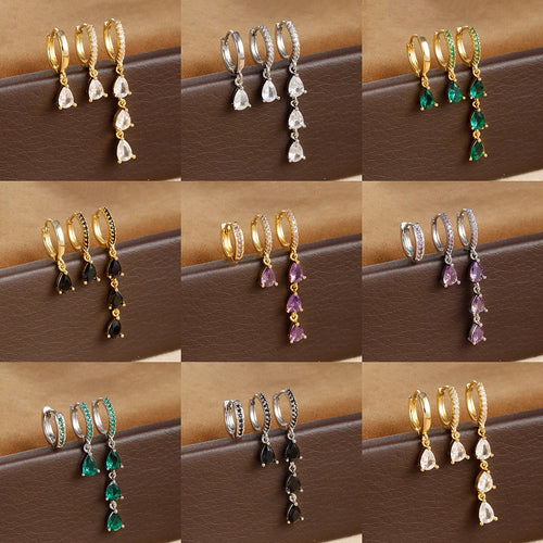 3PCS Stainless Steel Water Drop Hoop Earrings 18K Gold Plated Zirconia