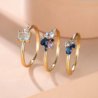 Luxury Royal Blue Purple White Zircon Triple Ring Set Rose Gold Color Stacking Thin Rings For Women Bridal Wedding Bands Jewelry
