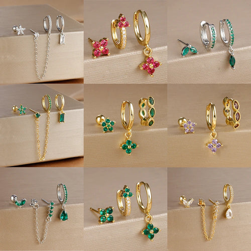3PCS Gold Colour Chain Flower Drop Earrings Zircon Dangle Earring