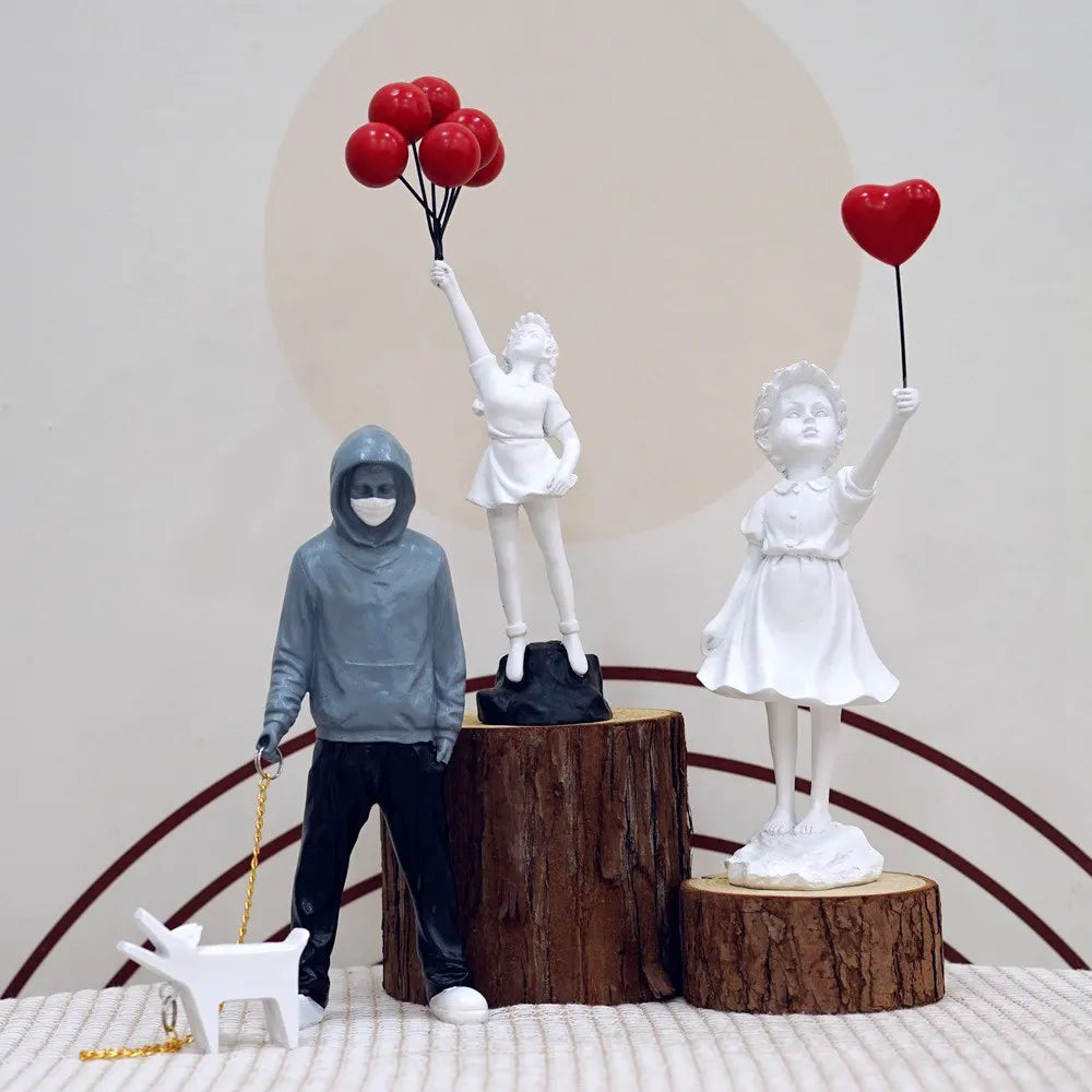 Flower Thrower Statue Pop Art Modern Balloon Girl Figurine Office Home Decoration