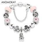 Red Crystal Mickey Minnie Beads Bracelet Silver Plated Family Charm Gift