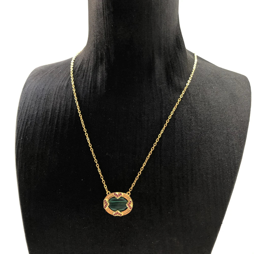 Green Oval Gold Necklace 925 Sterling Silver Vintage Fine Jewellery Gift