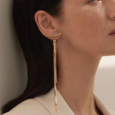 Korean Vintage Glossy Arc Bar Long Tassel Drop Earrings Gold Colour