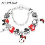 Red Crystal Mickey Minnie Beads Bracelet Silver Plated Family Charm Gift