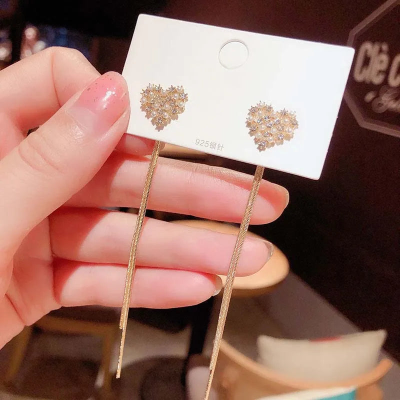 Korean Vintage Glossy Arc Bar Long Tassel Drop Earrings Gold Colour