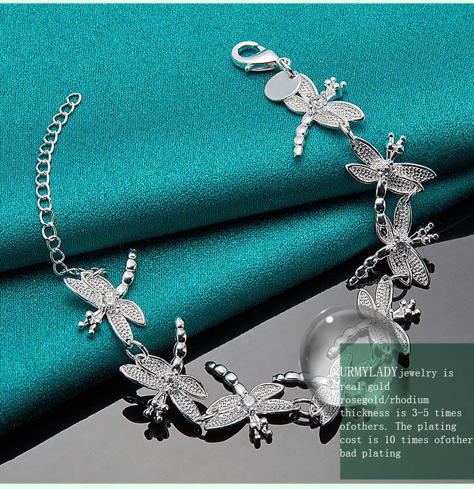 Dragonfly Chain Bracelet 925 Sterling Silver Women Wedding Party Jewellery