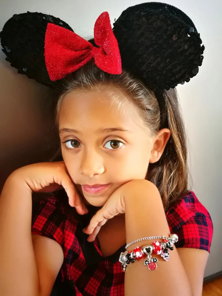 Mickey Minnie Charm Bracelet Red Crystal Bead Bangle Women Girl DIY Gift