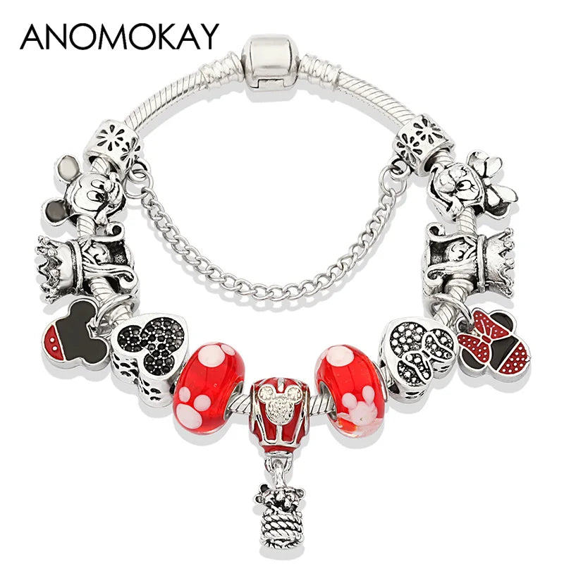 Pink Enamel Mickey Minnie Charm Bracelet Silver Plated Heart Animal Bead