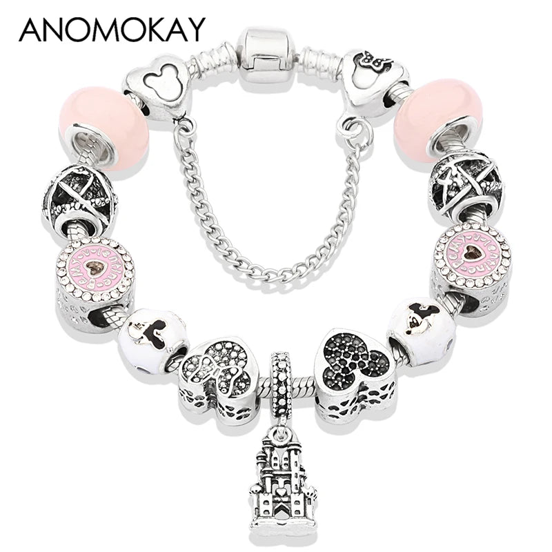 Pink Enamel Mickey Minnie Charm Bracelet Silver Plated Heart Animal Bead