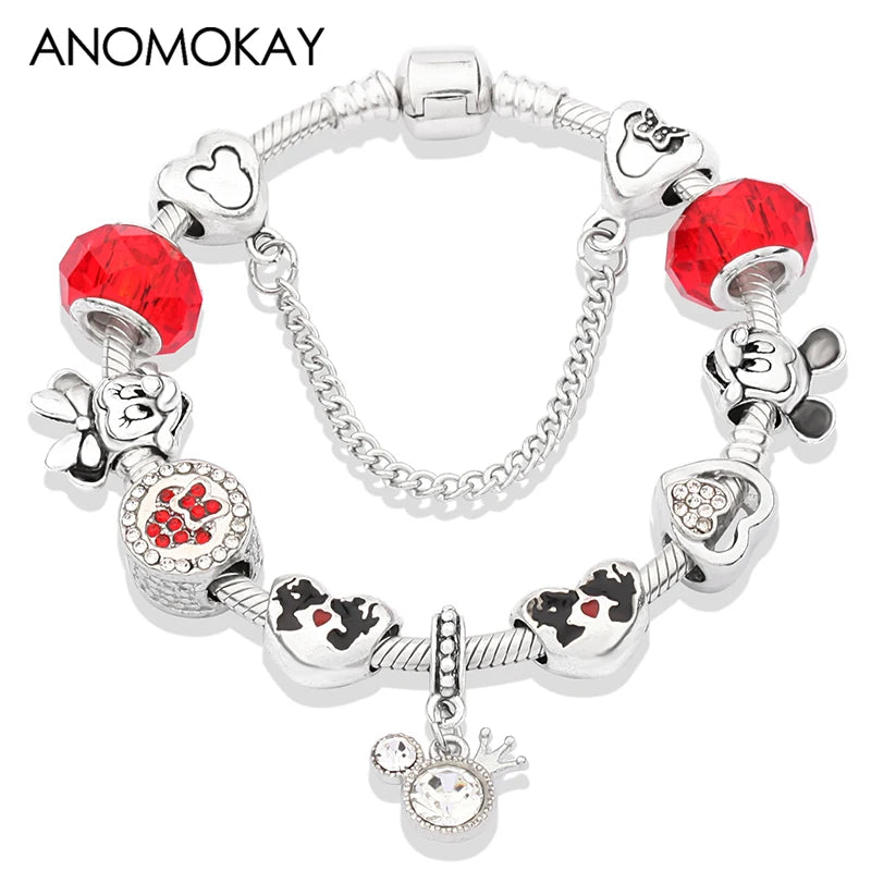 Red Crystal Mickey Minnie Beads Bracelet Silver Plated Family Charm Gift