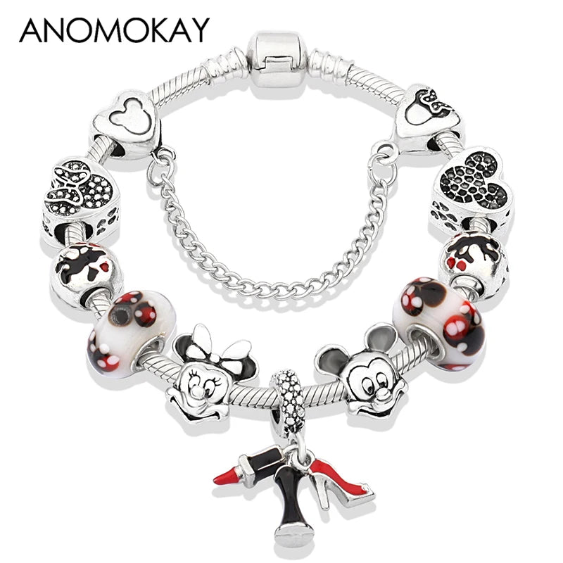Red Crystal Mickey Minnie Beads Bracelet Silver Plated Family Charm Gift