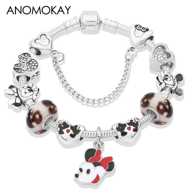 Red Crystal Mickey Minnie Beads Bracelet Silver Plated Family Charm Gift