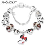 Red Crystal Mickey Minnie Beads Bracelet Silver Plated Family Charm Gift