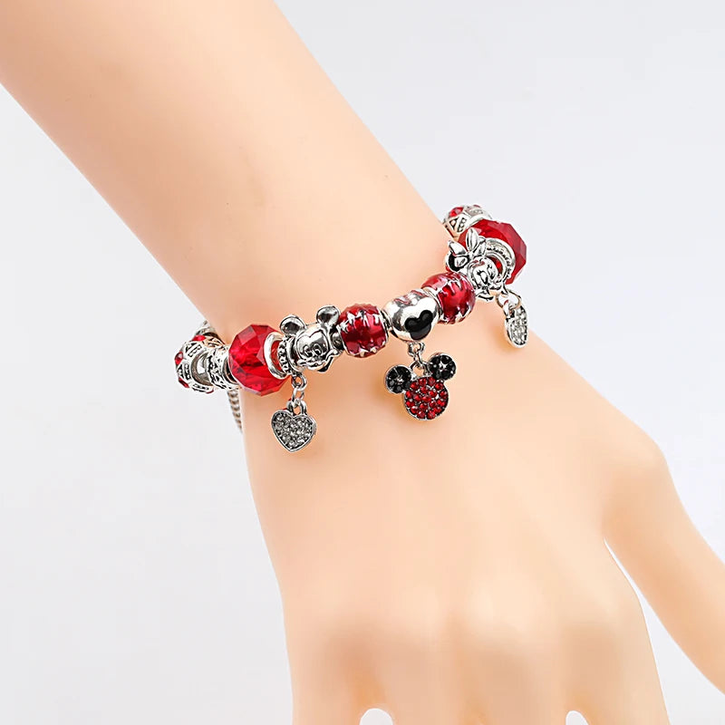 Red Crystal Mickey Minnie Beads Bracelet Silver Plated Family Charm Gift