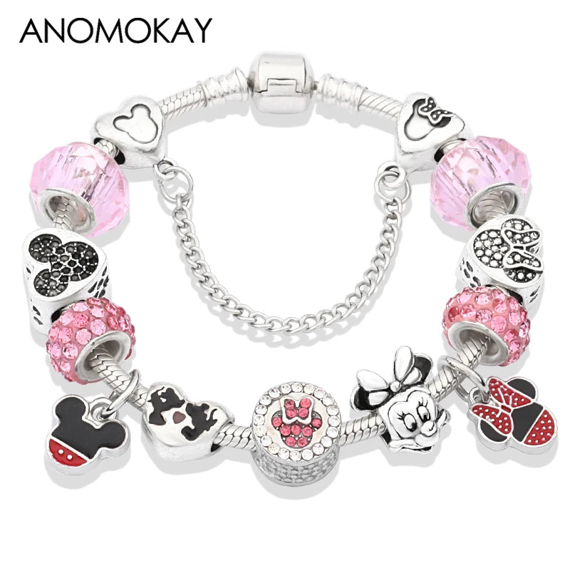 Red Crystal Mickey Minnie Beads Bracelet Silver Plated Family Charm Gift