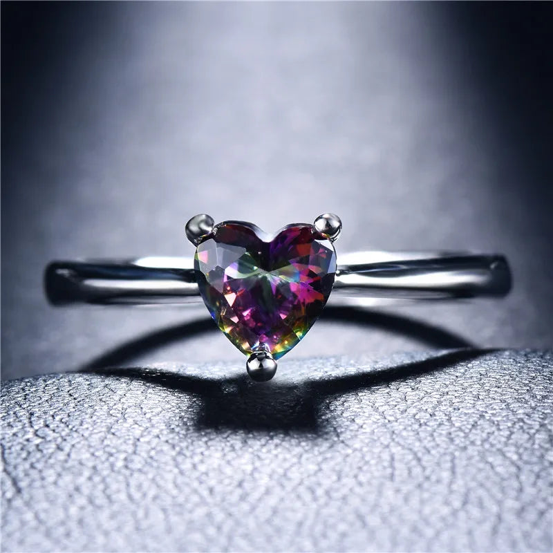 Mystic Fire White Blue Opal Stone Rainbow Zircon Heart Rings For Women Silver Color Birthstone Thin Ring Wedding Bands Jewelry