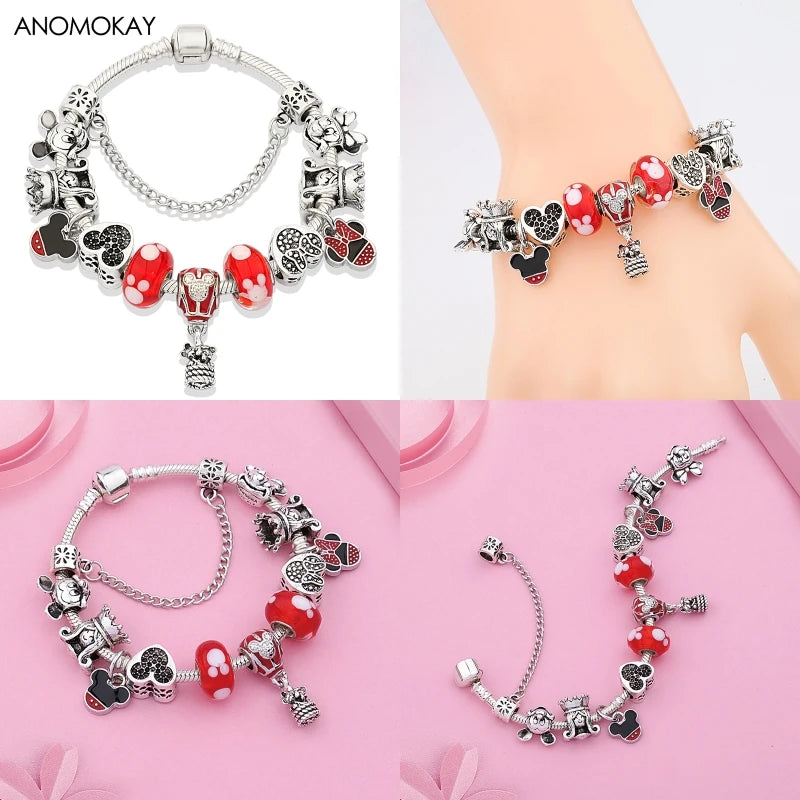 Mickey Minnie Charm Bracelet Red Crystal Bead Bangle Women Girl DIY Gift