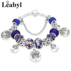 Silver Colour Tree of Life Bead Bracelet Green Leaf Crystal Charm Bangle
