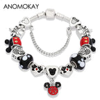 Red Crystal Mickey Minnie Beads Bracelet Silver Plated Family Charm Gift