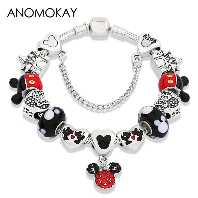 Red Crystal Mickey Minnie Beads Bracelet Silver Plated Family Charm Gift