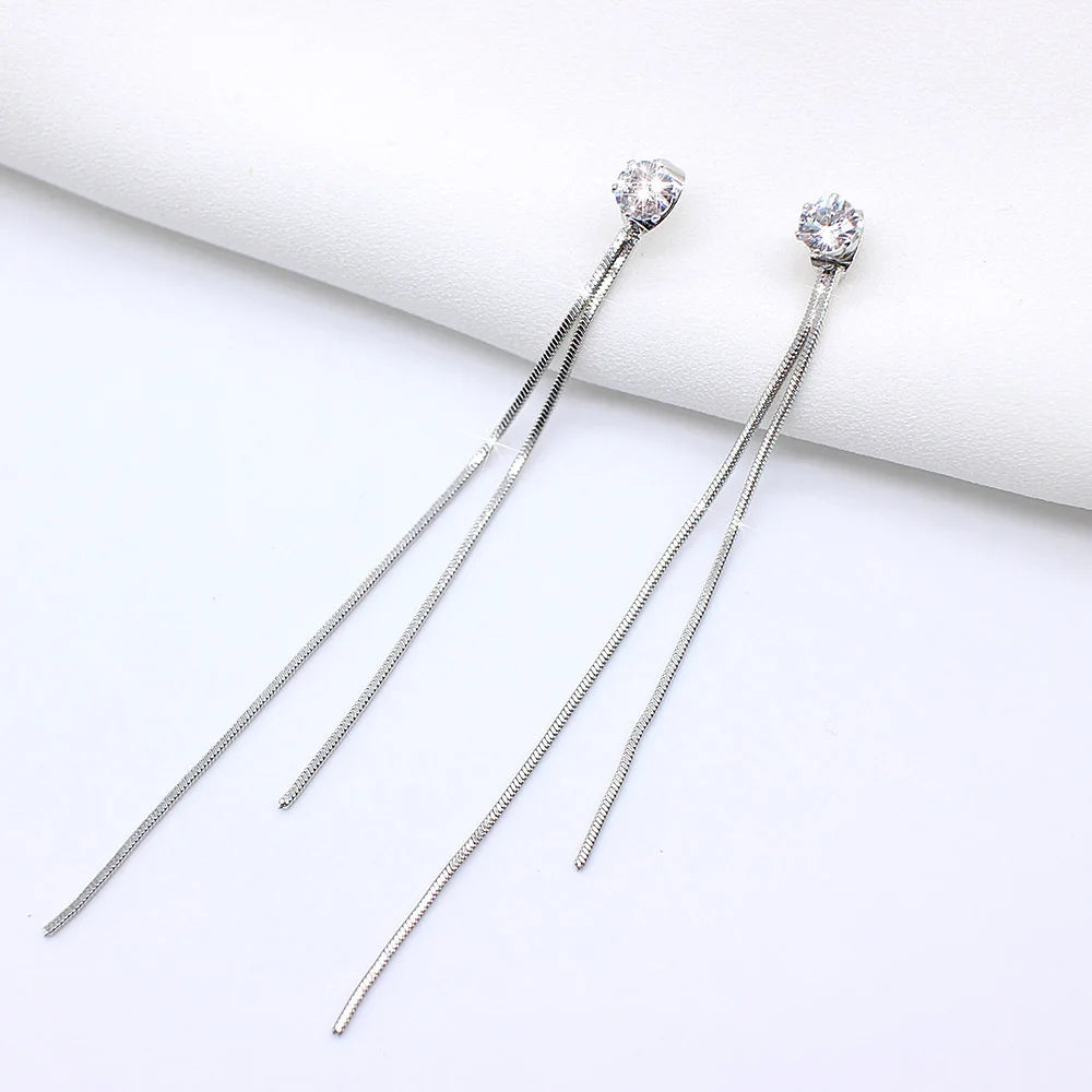 Korean Vintage Glossy Arc Bar Long Tassel Drop Earrings Gold Colour