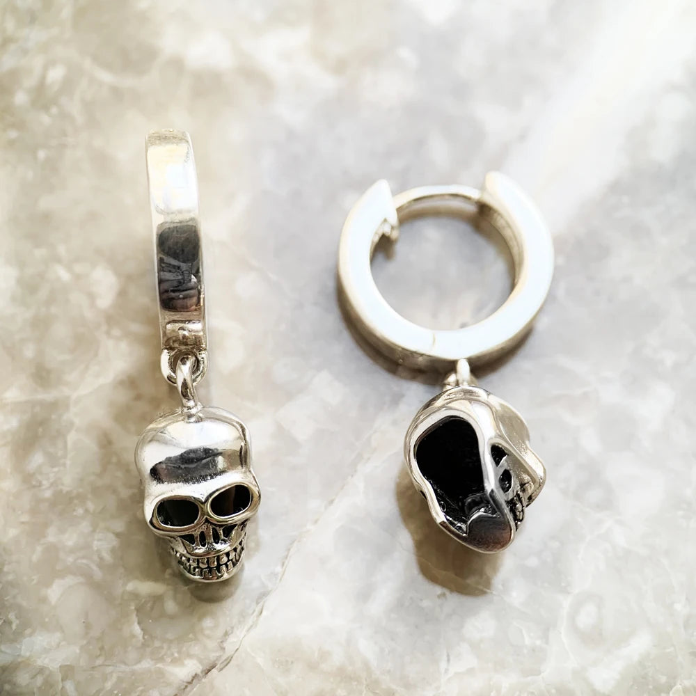Skull Hinged Hoop Earrings 925 Sterling Silver Trendy Women Men Gift