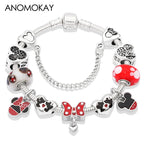 Red Crystal Mickey Minnie Beads Bracelet Silver Plated Family Charm Gift