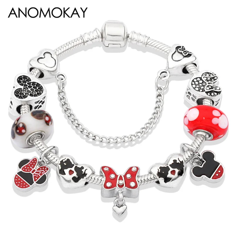 Red Crystal Mickey Minnie Beads Bracelet Silver Plated Family Charm Gift
