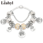 Silver Colour Tree of Life Bead Bracelet Green Leaf Crystal Charm Bangle