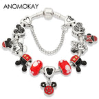 Mickey Minnie Charm Bracelet Red Crystal Bead Bangle Women Girl DIY Gift
