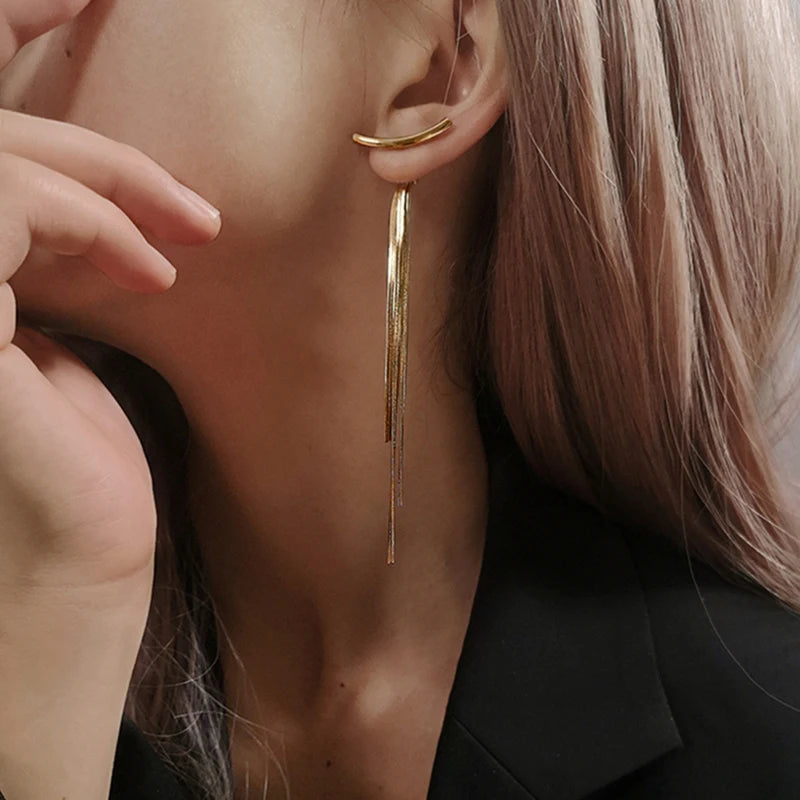 Korean Vintage Glossy Arc Bar Long Tassel Drop Earrings Gold Colour