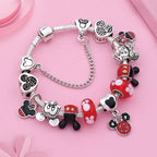 Pink Enamel Mickey Minnie Charm Bracelet Silver Plated Heart Animal Bead