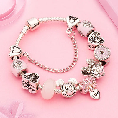 Pink Enamel Mickey Minnie Charm Bracelet Silver Plated Heart Animal Bead