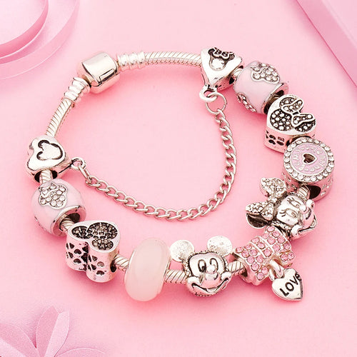 Pink Enamel Mickey Minnie Charm Bracelet Silver Plated Heart Animal Bead