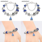 Red Crystal Mickey Minnie Beads Bracelet Silver Plated Family Charm Gift