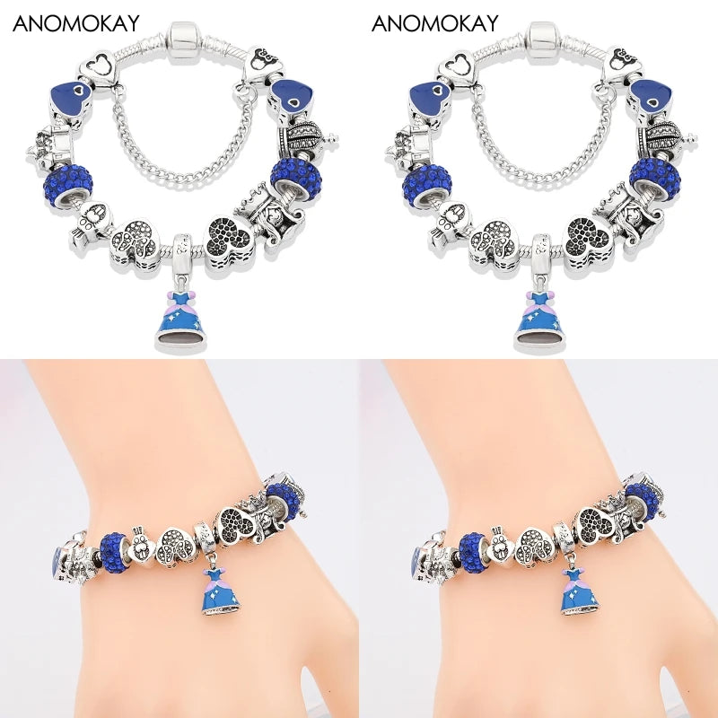 Red Crystal Mickey Minnie Beads Bracelet Silver Plated Family Charm Gift