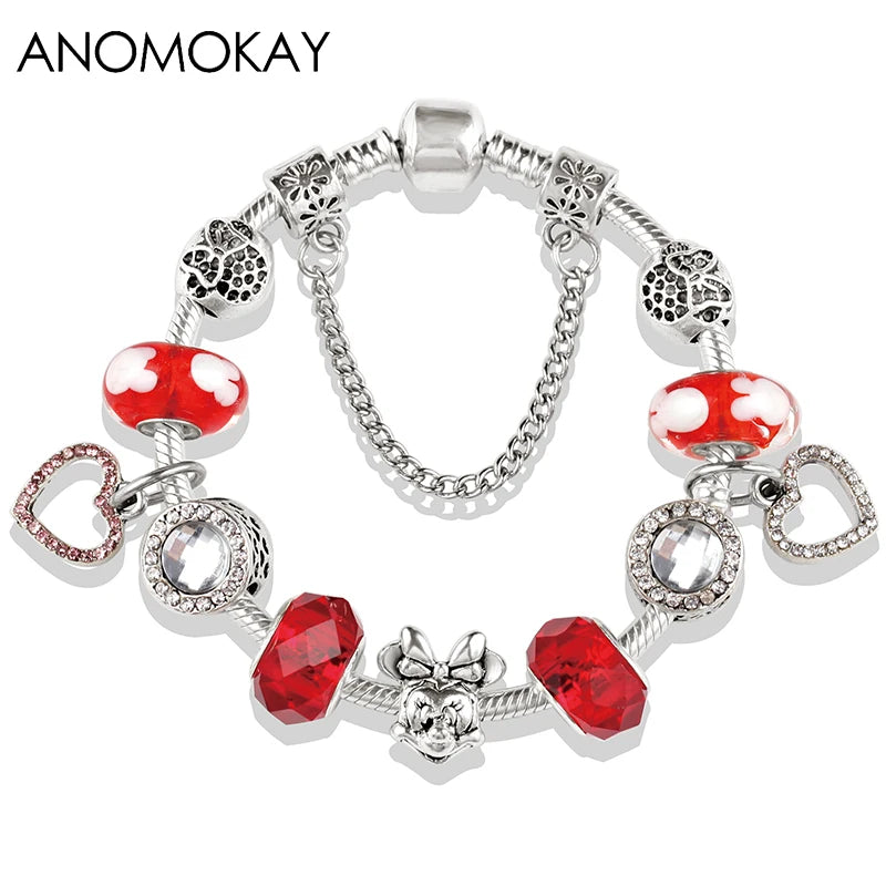 Red Crystal Mickey Minnie Beads Bracelet Silver Plated Family Charm Gift