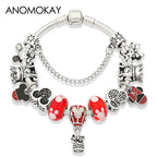 Mickey Minnie Charm Bracelet Red Crystal Bead Bangle Women Girl DIY Gift