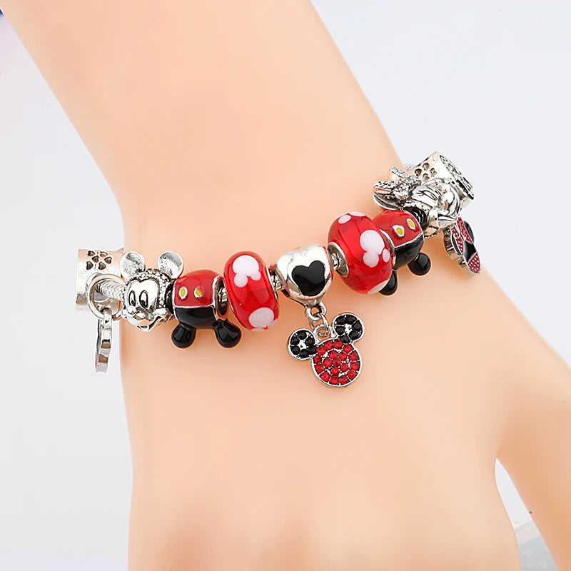 Mickey Minnie Charm Bracelet Red Crystal Bead Bangle Women Girl DIY Gift