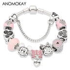 Red Crystal Mickey Minnie Beads Bracelet Silver Plated Family Charm Gift