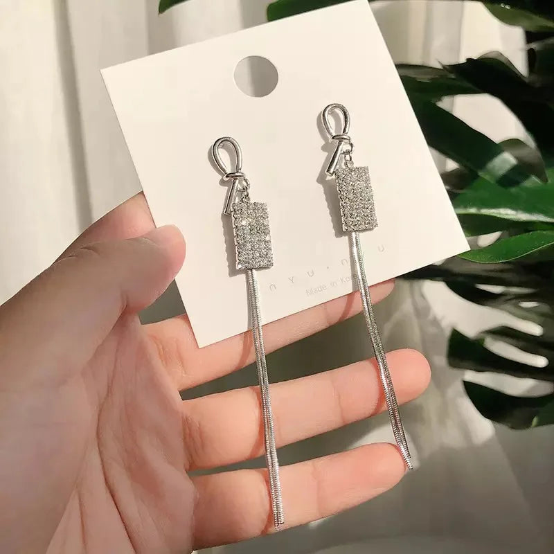 Korean Vintage Glossy Arc Bar Long Tassel Drop Earrings Gold Colour