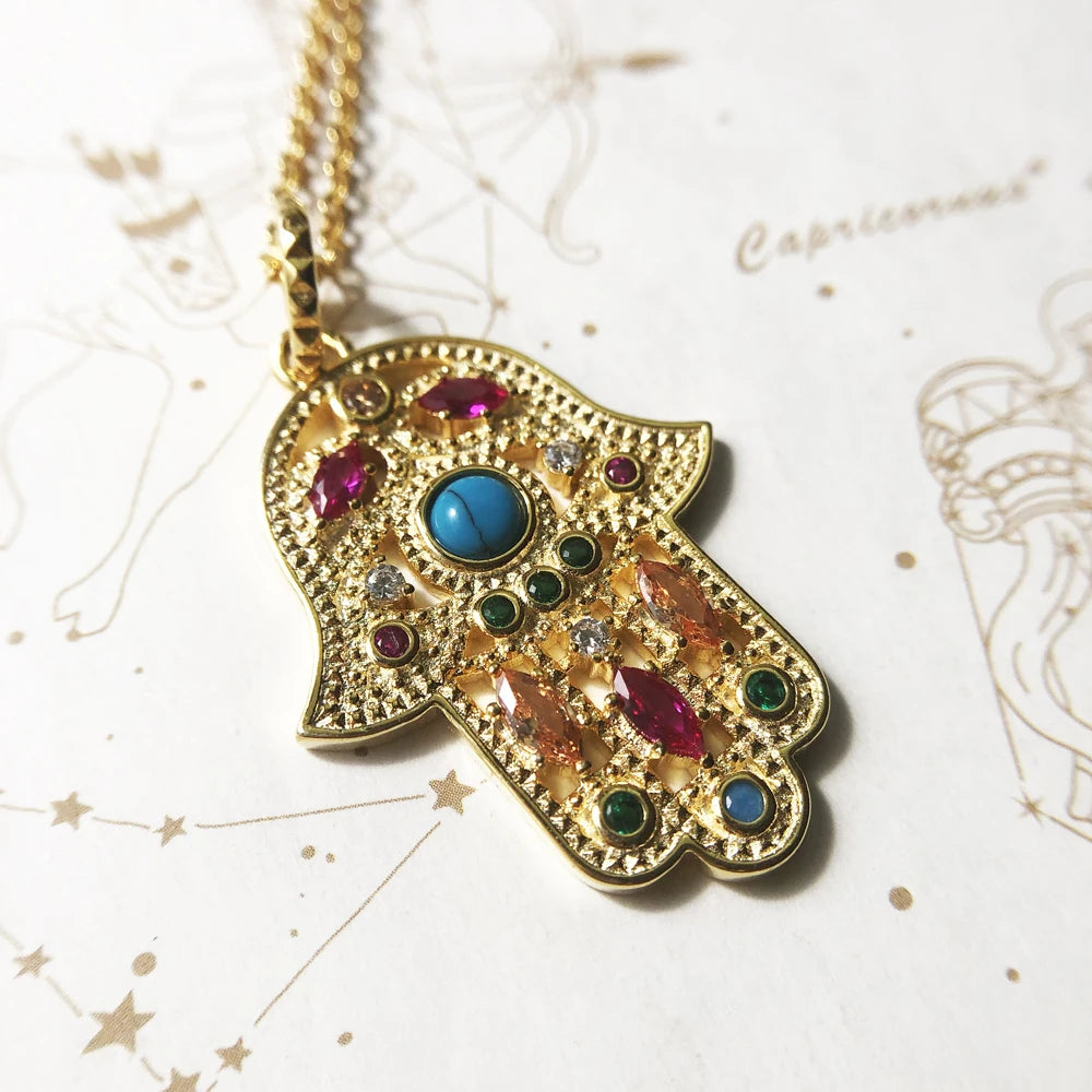 Golden Hand of Fatima Necklace Turquoise 925 Sterling Silver Vintage Jewellery