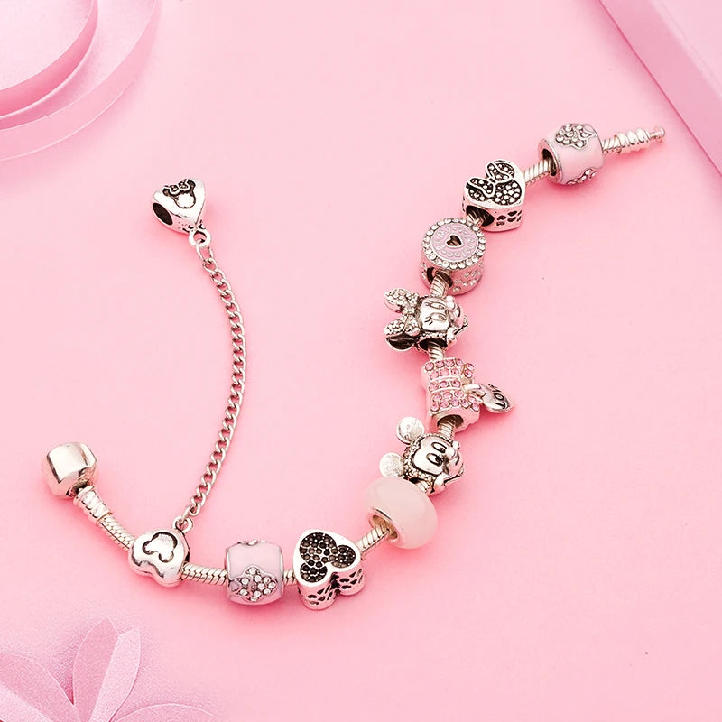 Pink Enamel Mickey Minnie Charm Bracelet Silver Plated Heart Animal Bead